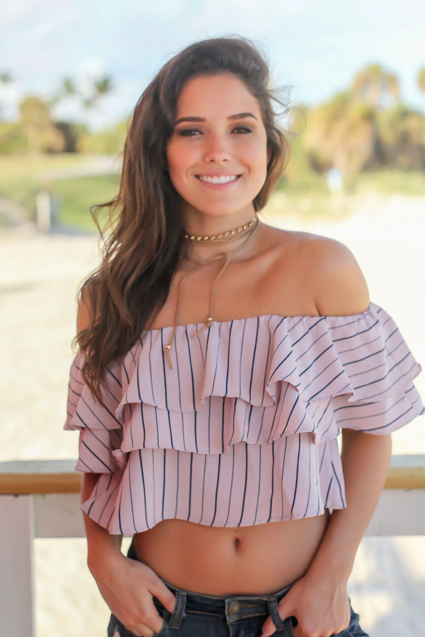 Mauve Striped Off Shoulder Top