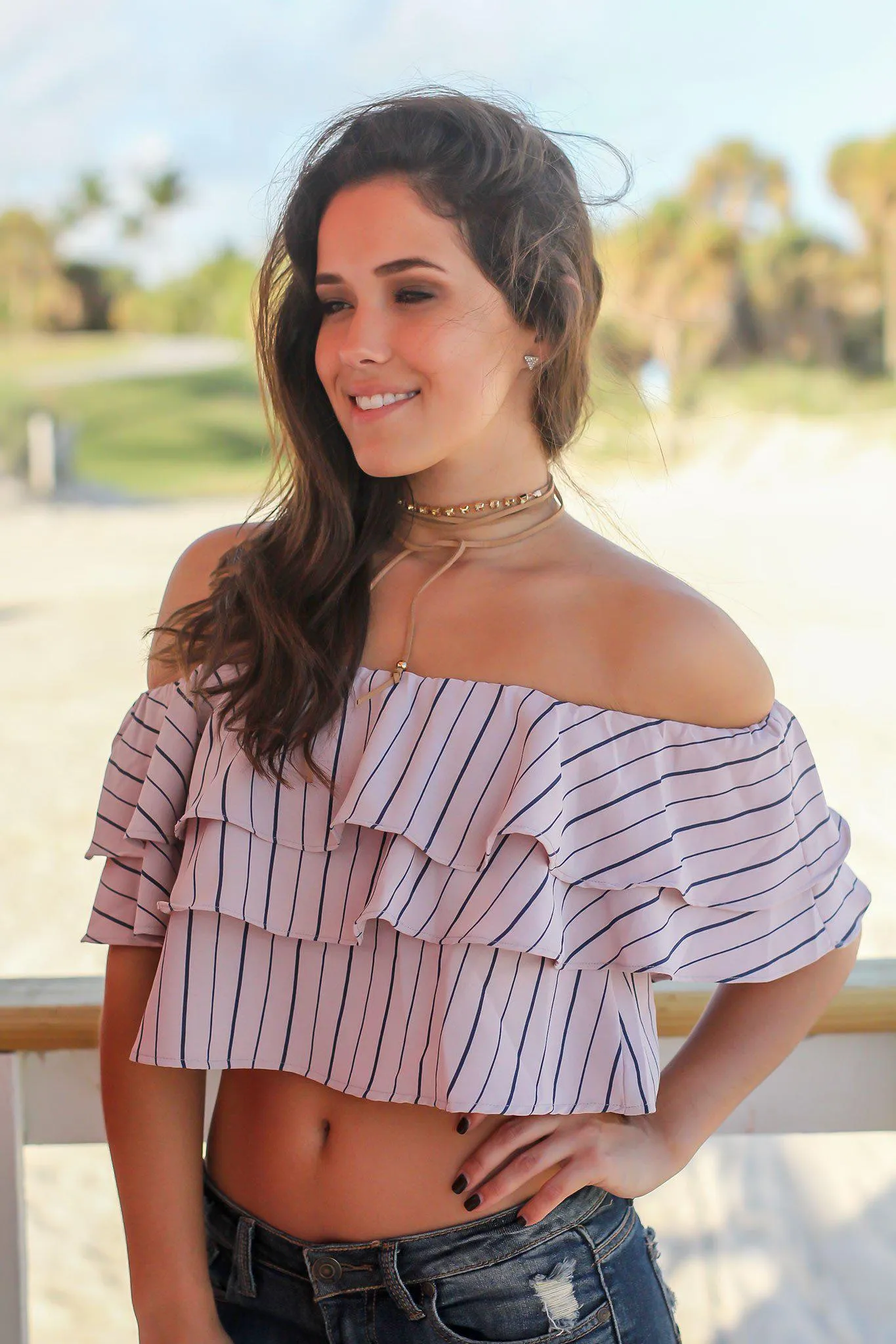 Mauve Striped Off Shoulder Top