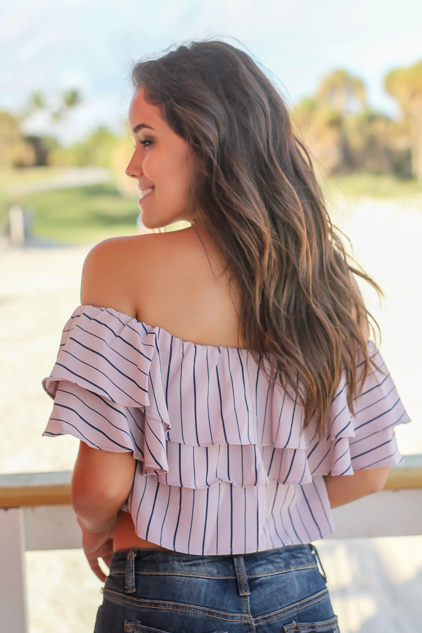 Mauve Striped Off Shoulder Top