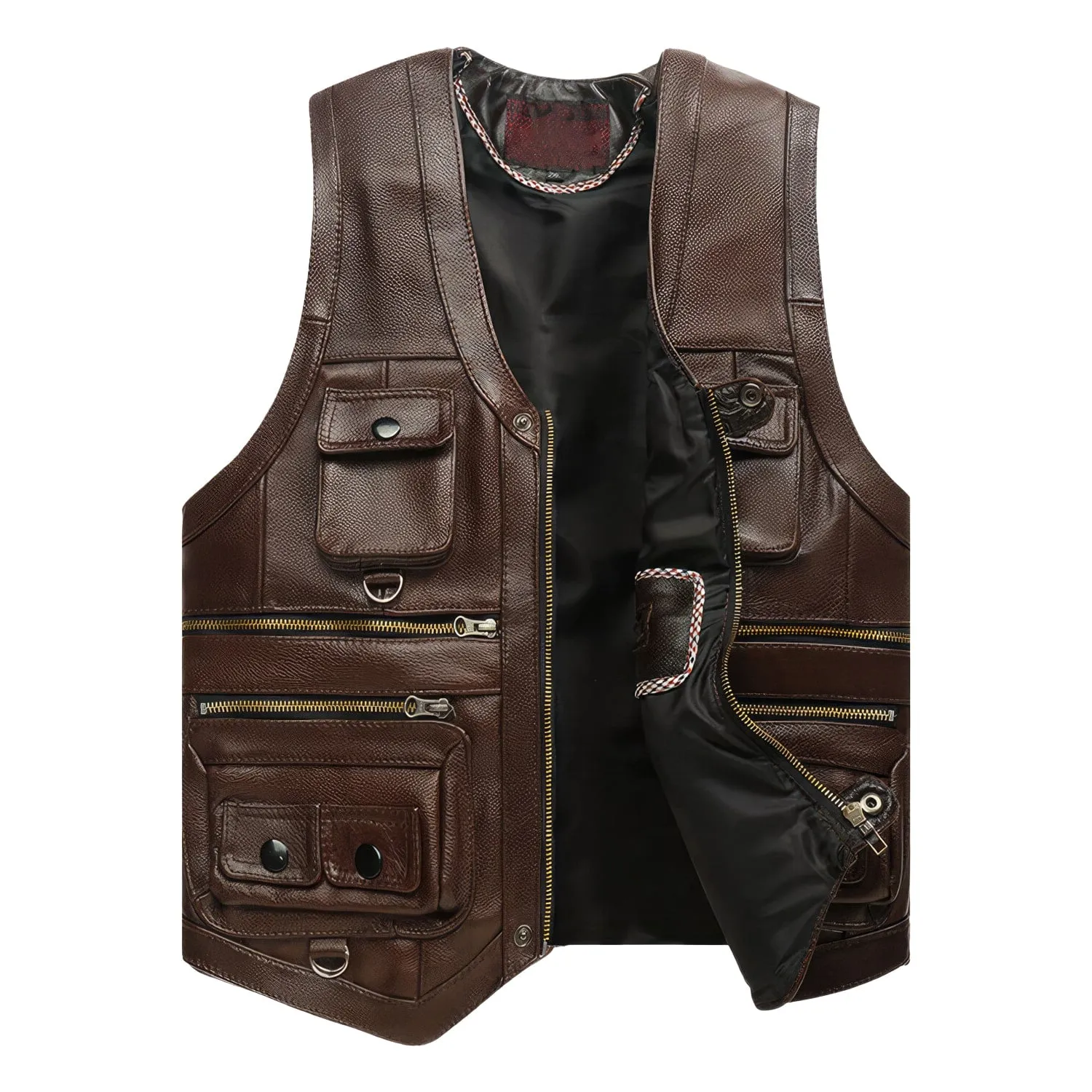 Men’s Brown Biker Genuine Cowhide V-Neck Cafe Racer Vest Multi Pockets Motorcycle Sporty Racer Leather Waistcoat