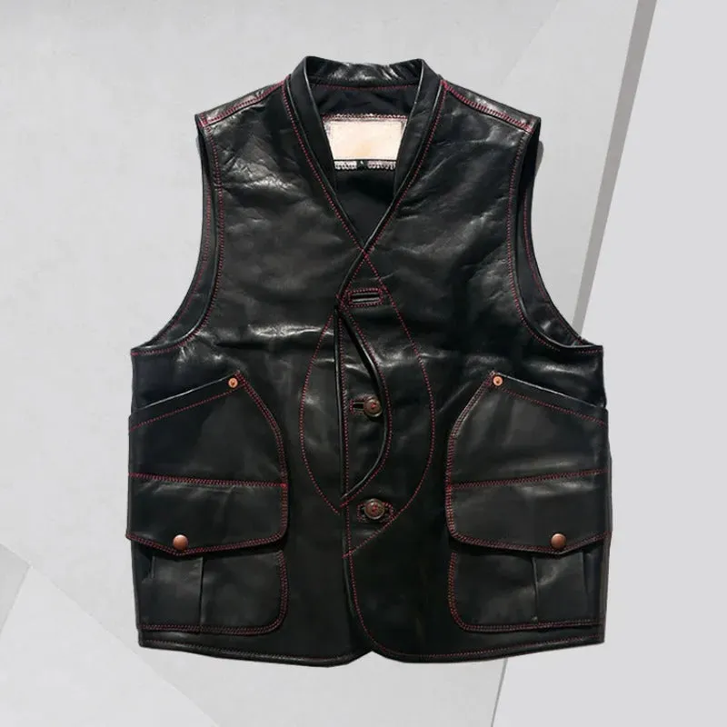 Men's Genuine Leather Motorcycle Biker Vest with Multiple Pockets - Sleeveless Cargo Jacket