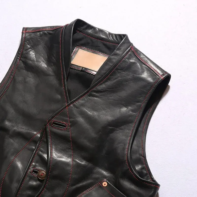 Men's Genuine Leather Motorcycle Biker Vest with Multiple Pockets - Sleeveless Cargo Jacket