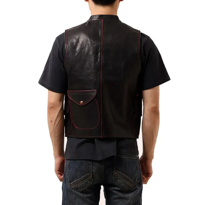 Men's Genuine Leather Motorcycle Biker Vest with Multiple Pockets - Sleeveless Cargo Jacket