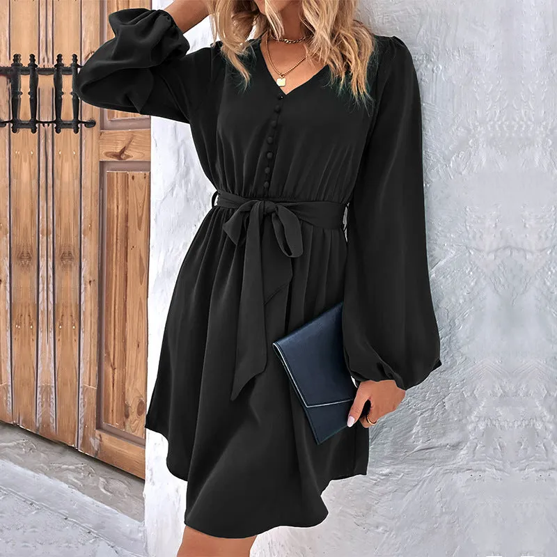 New Solid Color Long Sleeve V-Neck Belted Dress