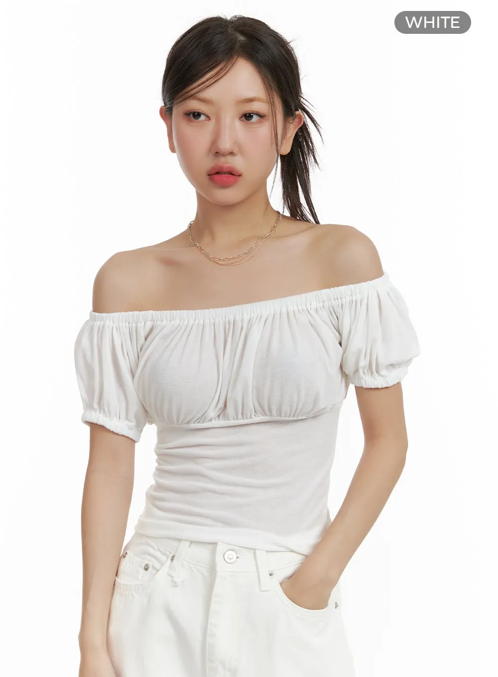 Off-Shoulder Shirred Crop Top CU404