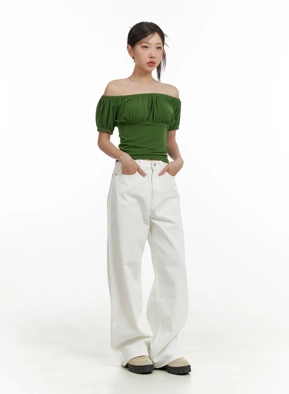 Off-Shoulder Shirred Crop Top CU404