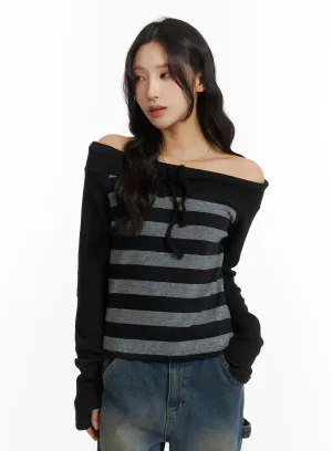 Off-Shoulder Striped Bowknot Top CJ417