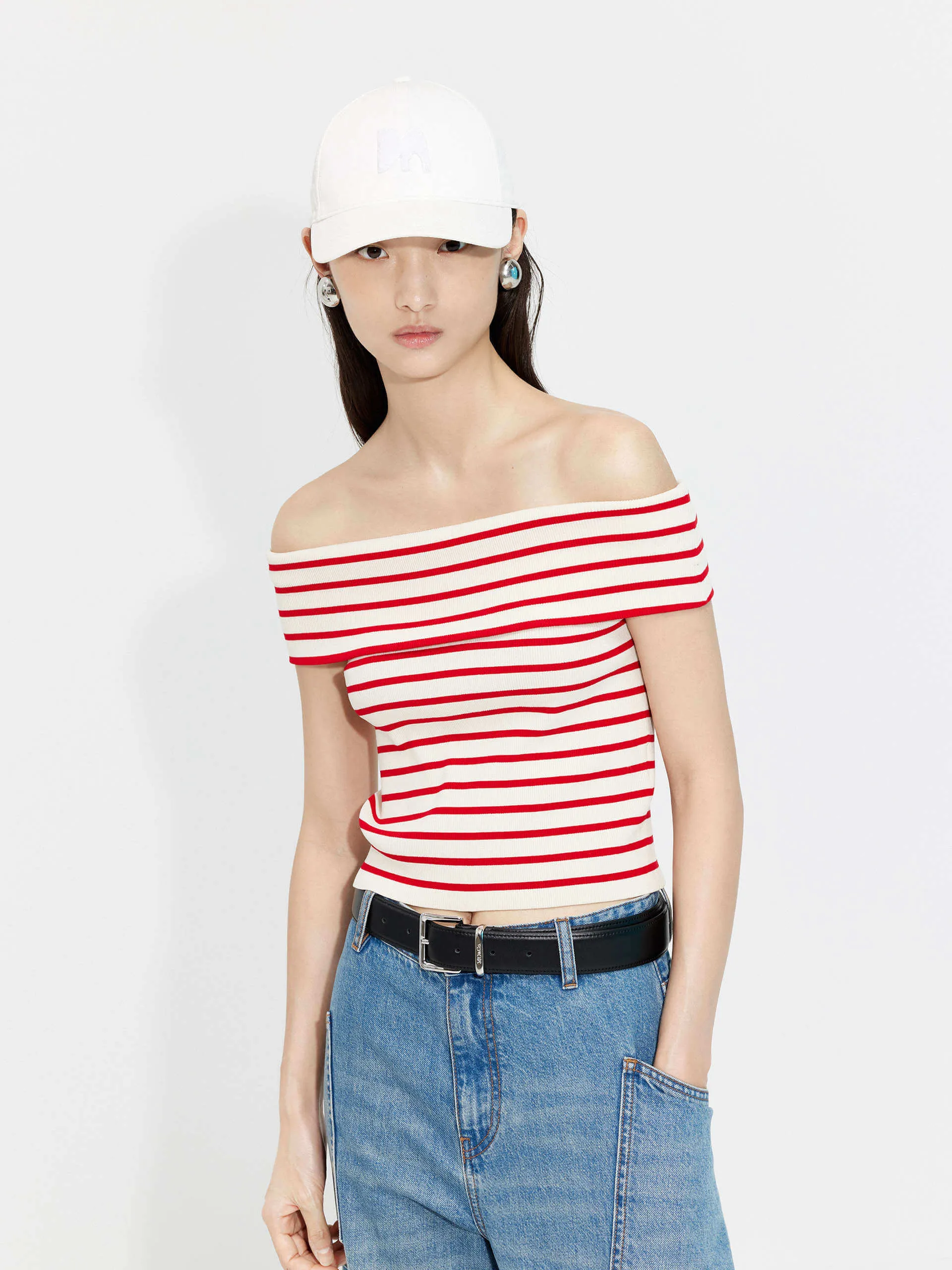 Off Shoulder Striped Knit Top