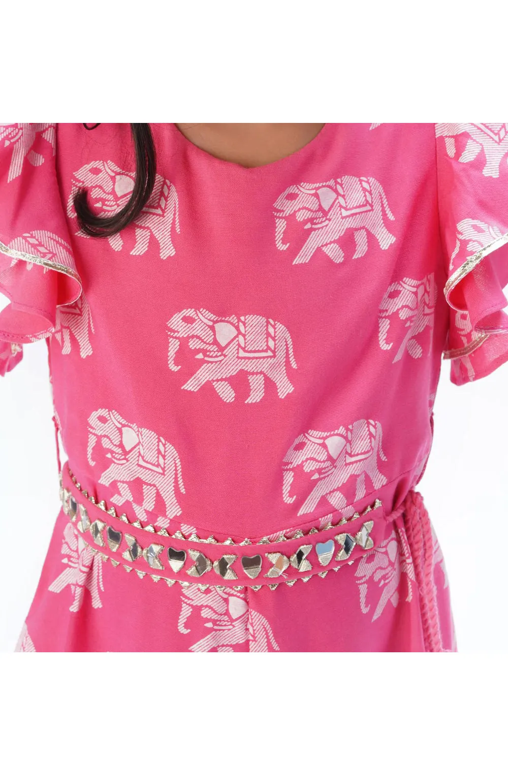 Pink Elephant Printed Jumpsuit With Zari Embroidered Belt Set