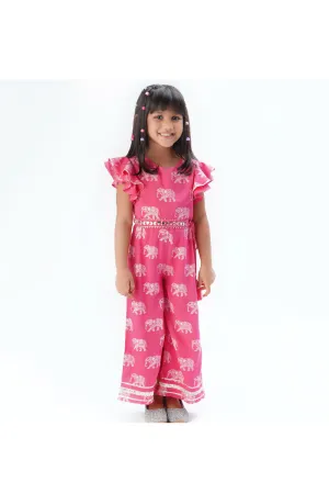 Pink Elephant Printed Jumpsuit With Zari Embroidered Belt Set