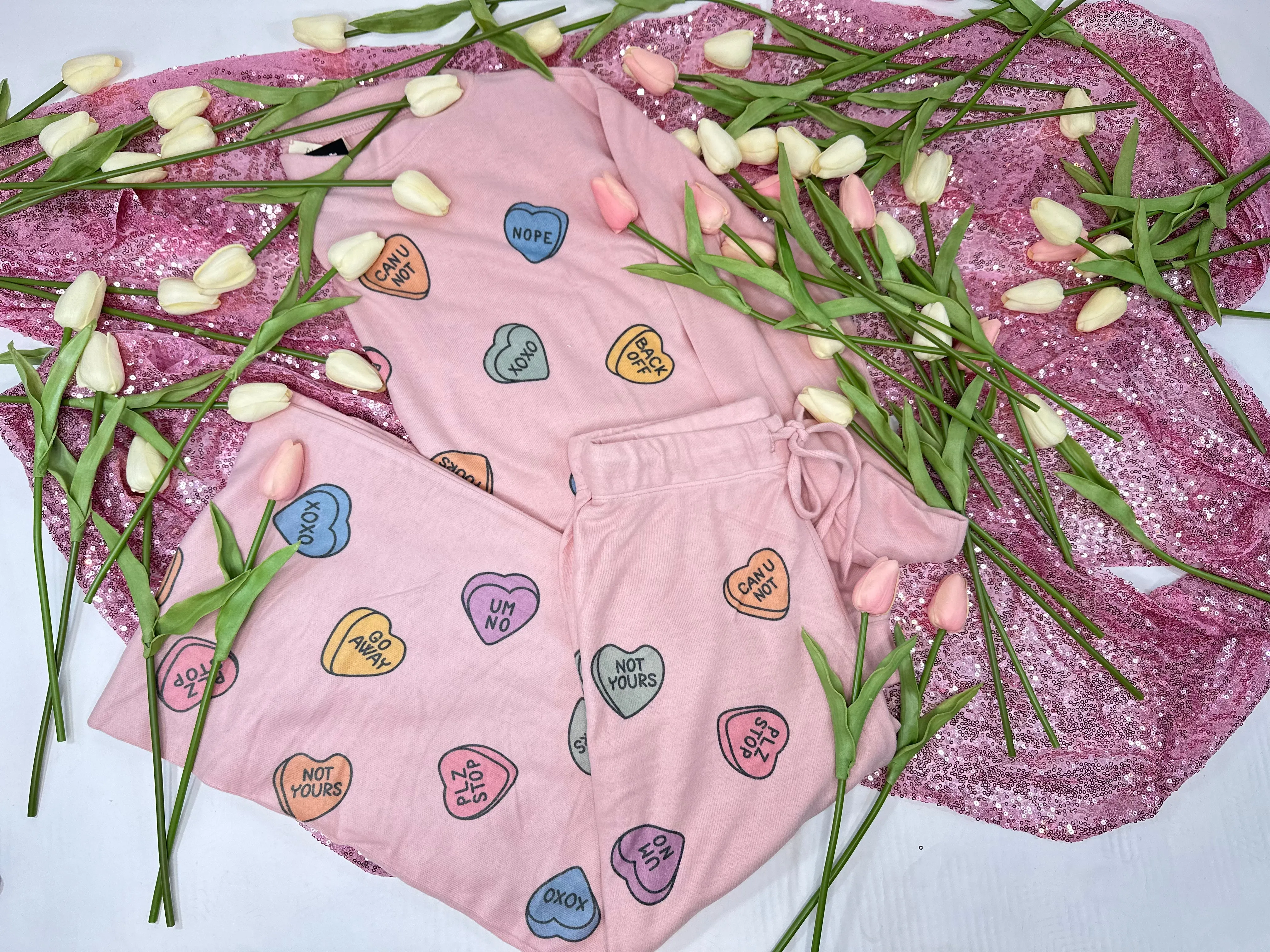 Pink Loungewear Set- Conversation Hearts