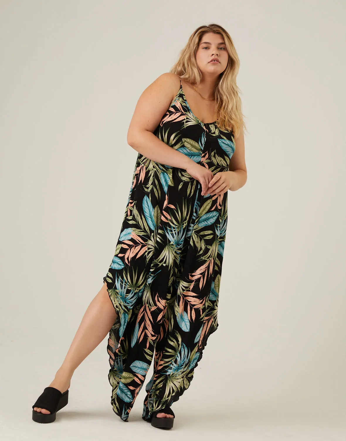 Plus Size Tropical Wide Leg Flowy Jumpsuit