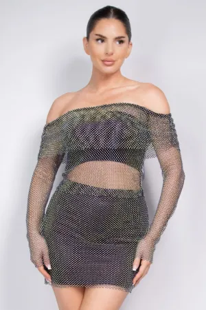 Shirred Off-shoulder Fishnet Top