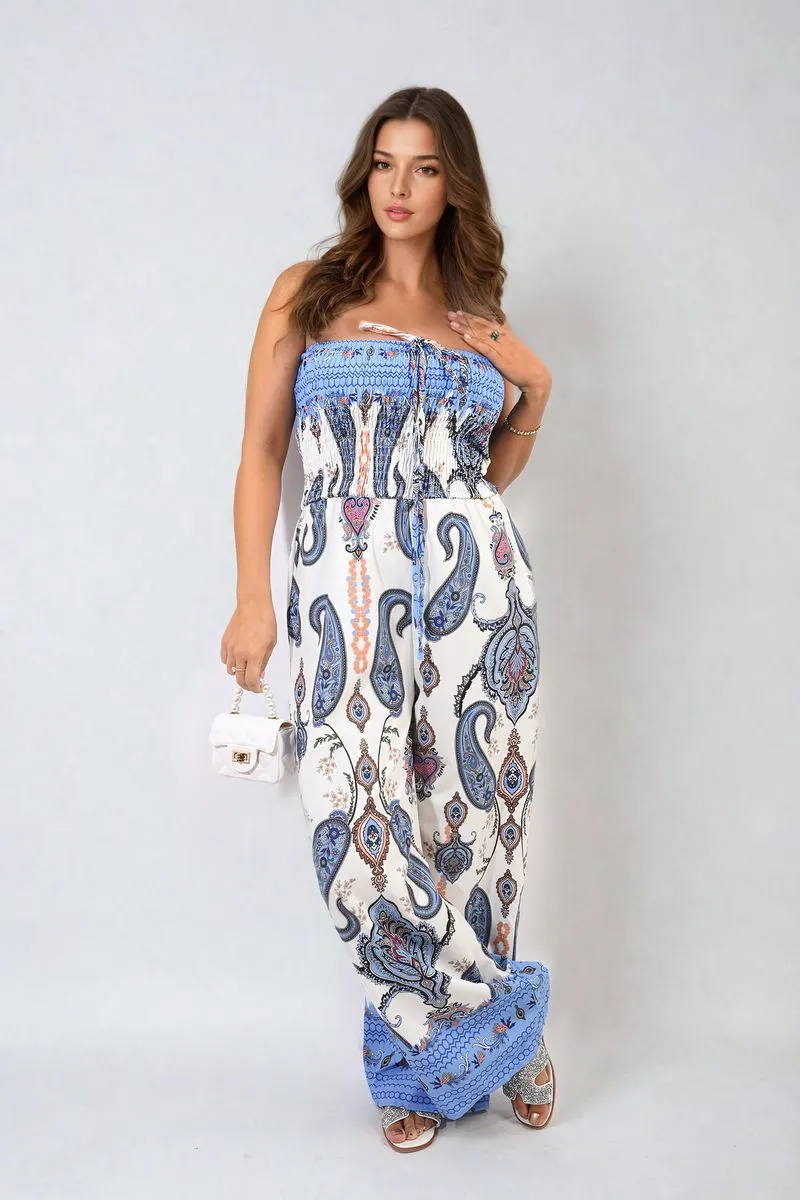 Shirred Strapless Printed Jumpsuit