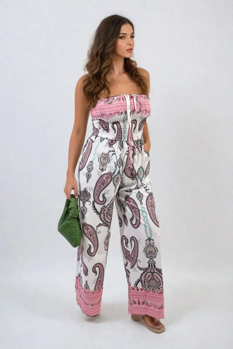 Shirred Strapless Printed Jumpsuit