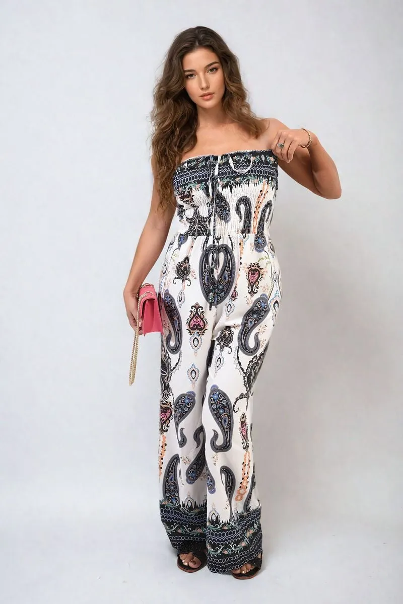 Shirred Strapless Printed Jumpsuit