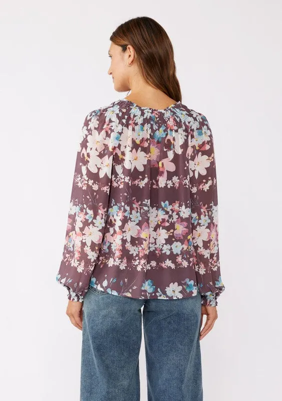 Smocked Neck Floral Chiffon Top