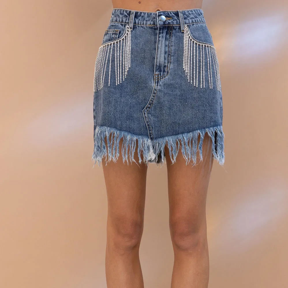 Spring Summer Women Skirt Rhinestone Fringed Sheath Denim Skirt Multi Color