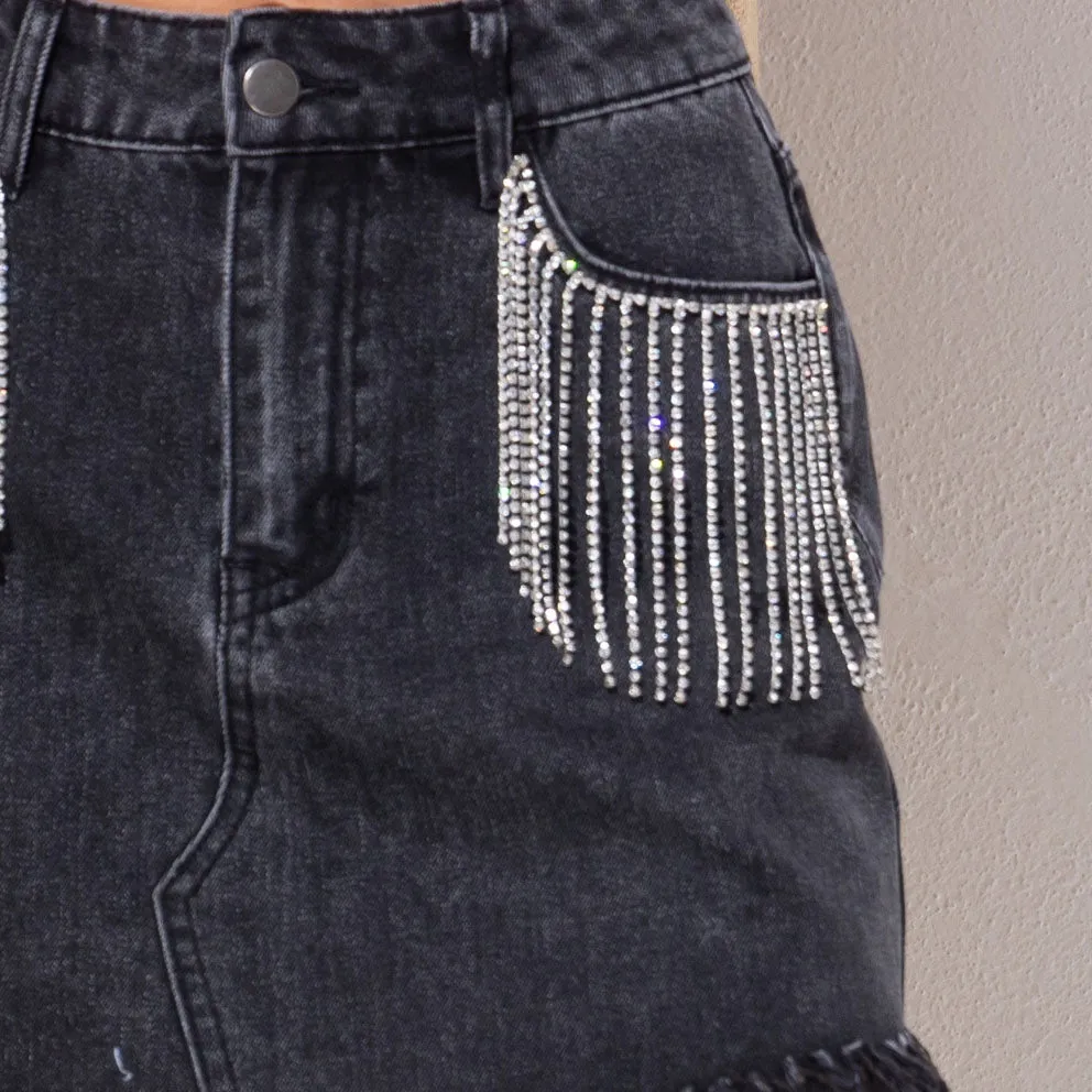 Spring Summer Women Skirt Rhinestone Fringed Sheath Denim Skirt Multi Color