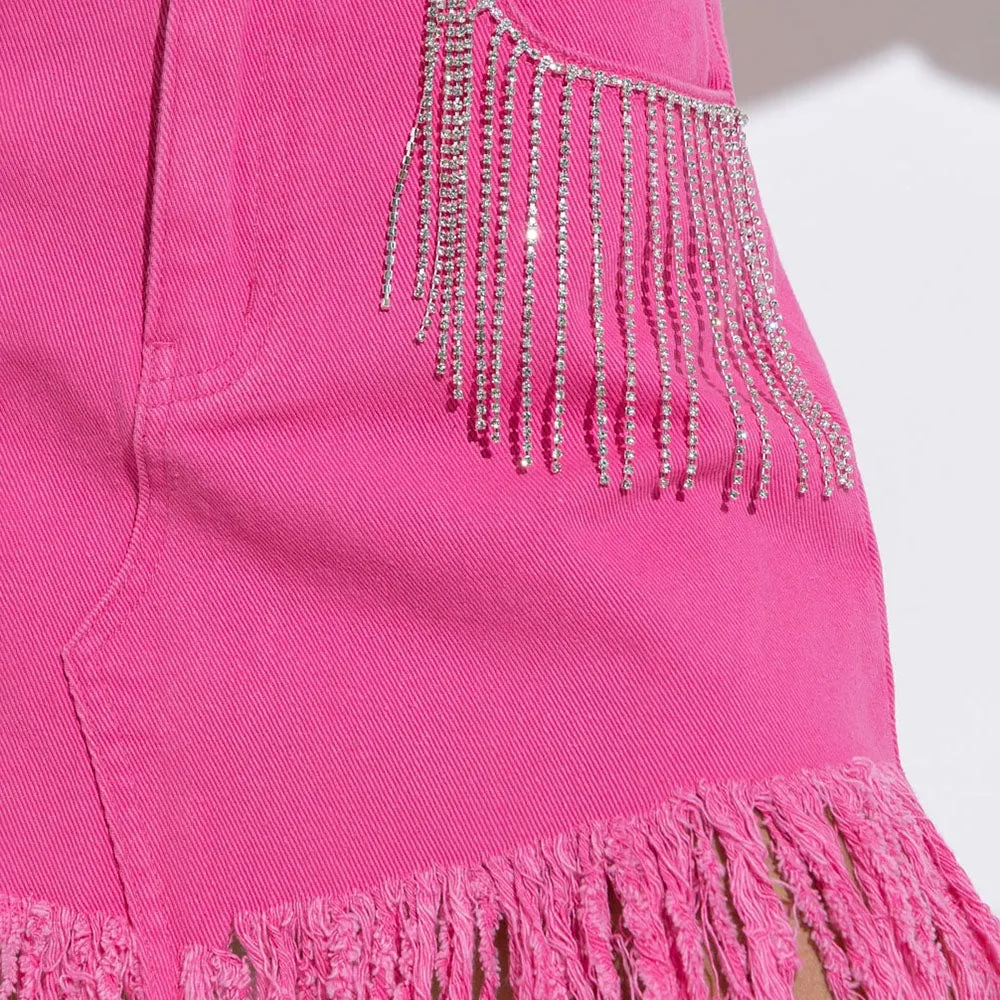 Spring Summer Women Skirt Rhinestone Fringed Sheath Denim Skirt Multi Color