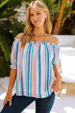 Striped Frill Trim Off-Shoulder Top