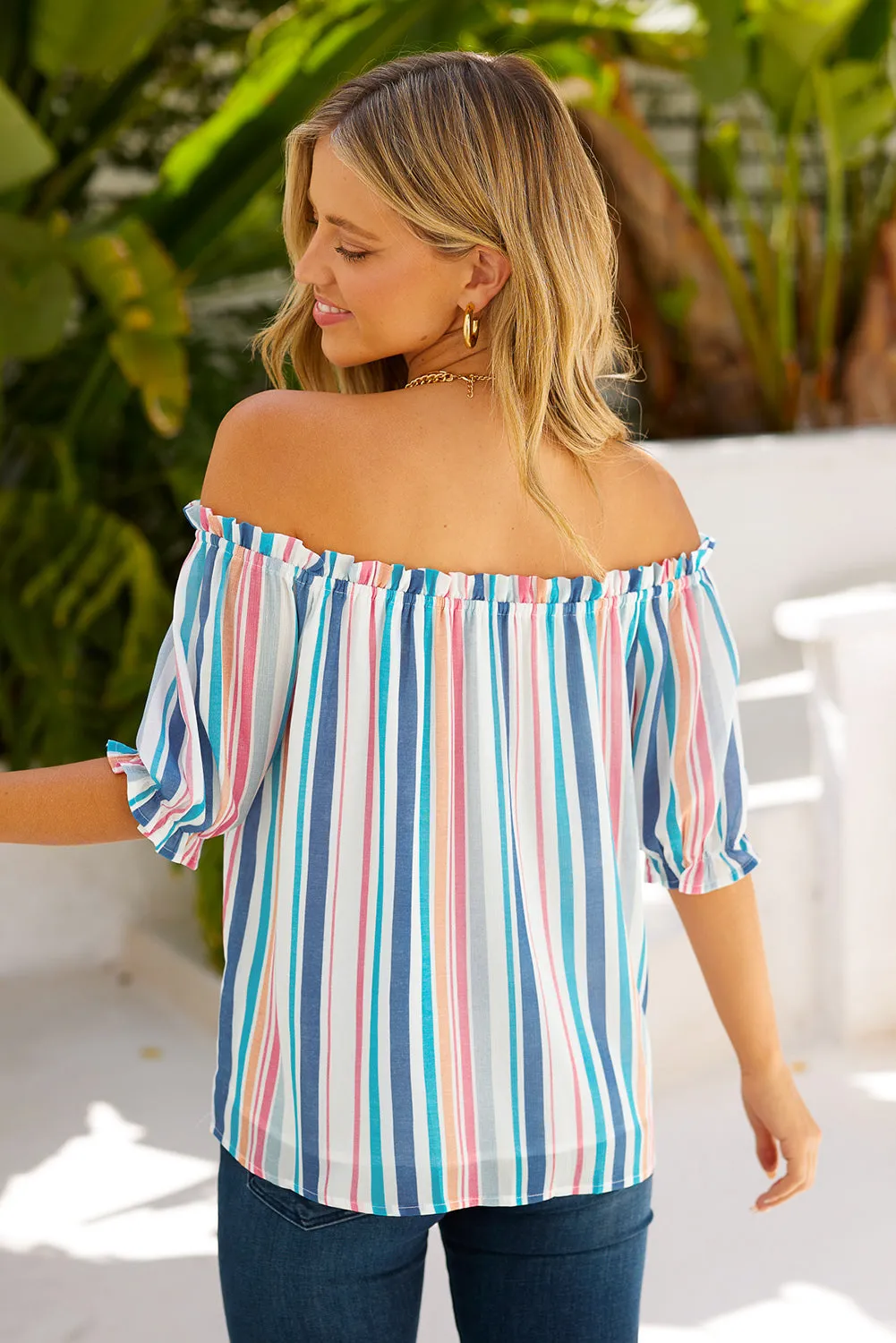 Striped Frill Trim Off-Shoulder Top