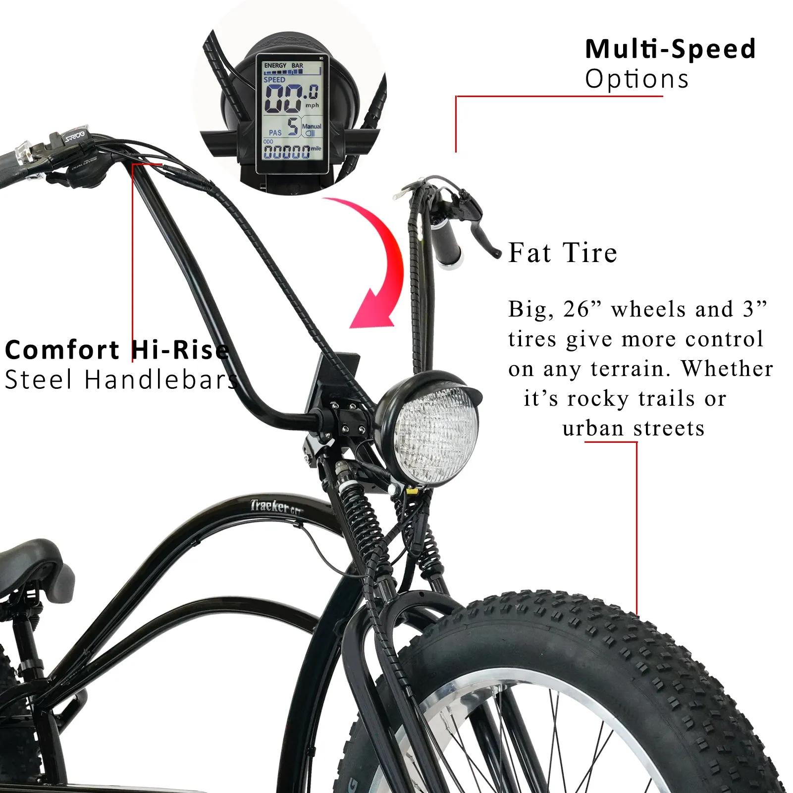 Tracer Tracker DS7 26" 48V/17.5Ah 800W 7 Speed Stretch E-Bike w/ Classic Dual Springer Fork