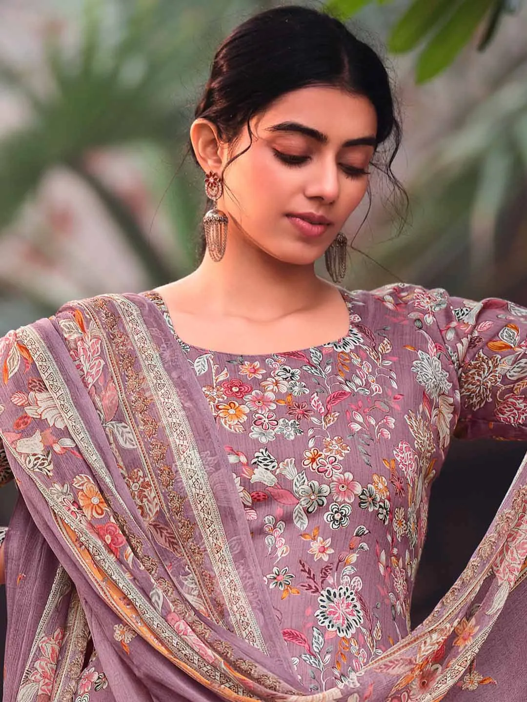 Unstitched Cotton Printed Suit Material with Embroidery Lilac