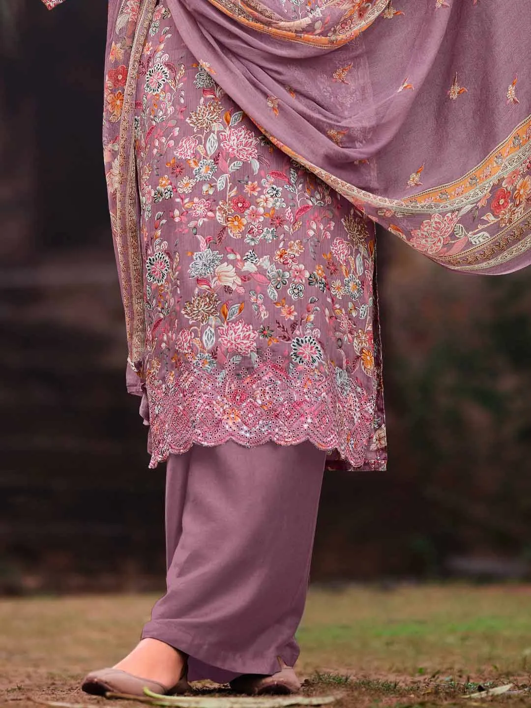 Unstitched Cotton Printed Suit Material with Embroidery Lilac