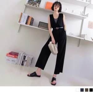 V-NECK ELASTIC WAIST PRINTED WIDE LEG JUMPSUITS