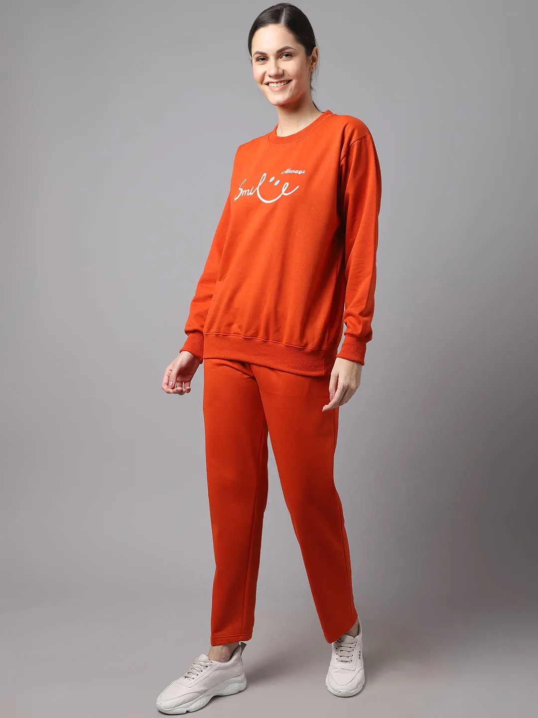 Vimal Jonney Fleece Printed Rust Tracksuit for Women