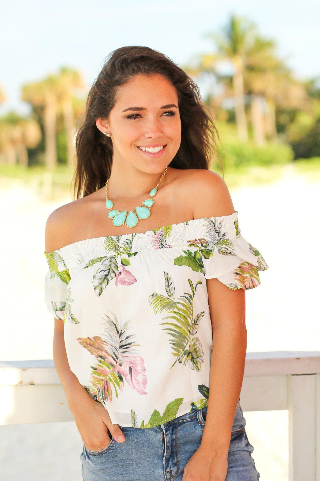 White Tropical Off Shoulder Top