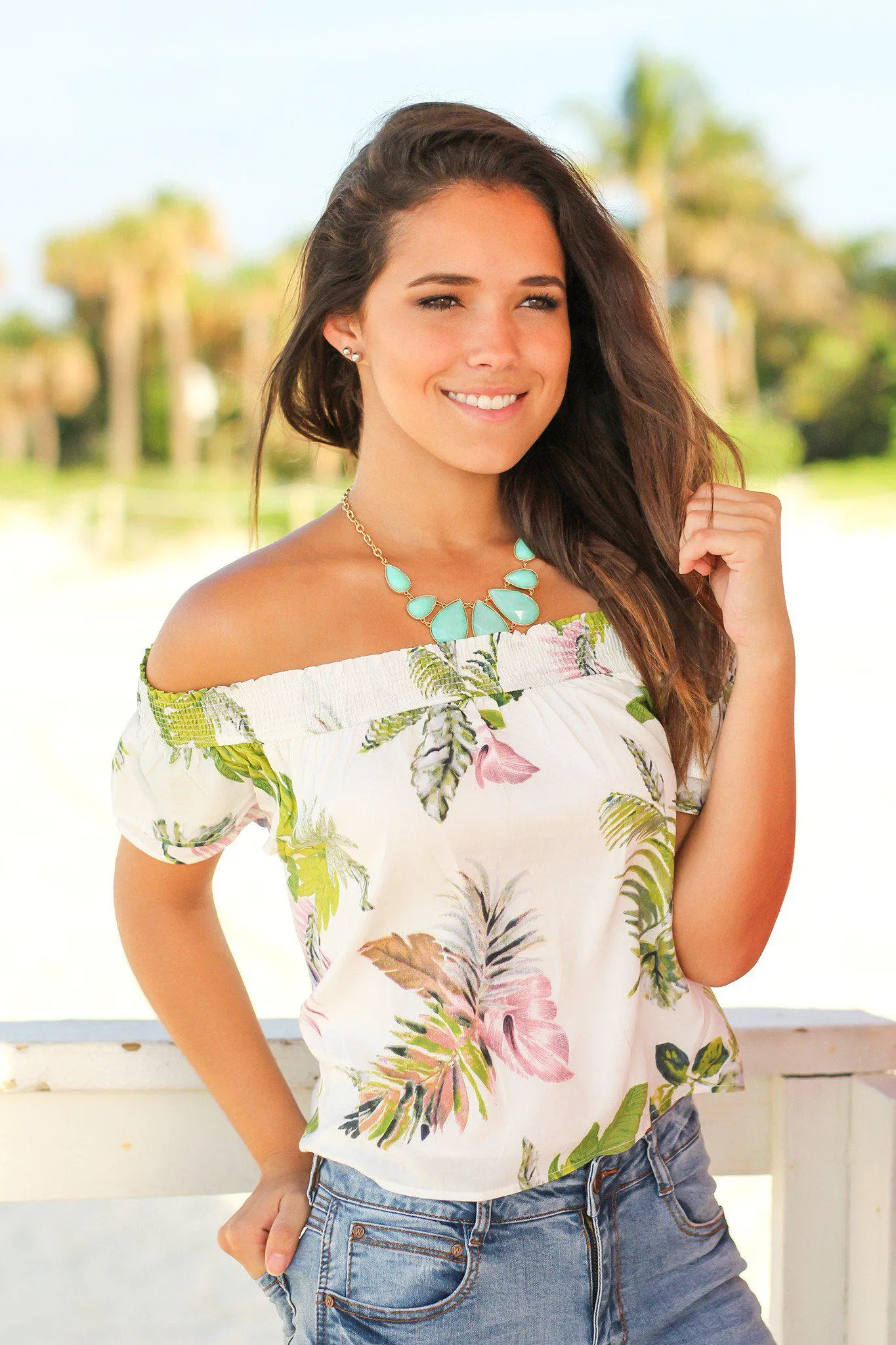 White Tropical Off Shoulder Top