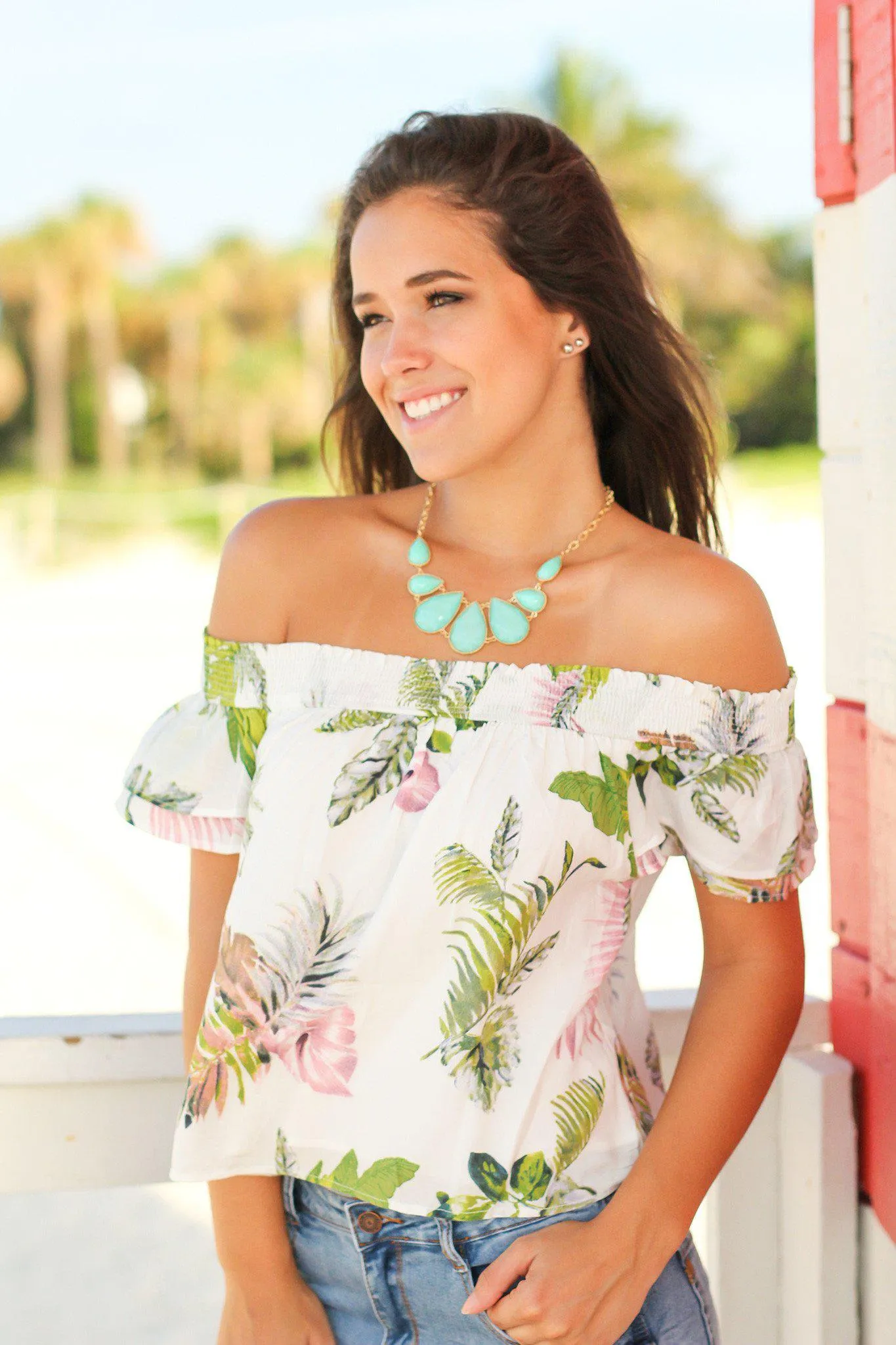 White Tropical Off Shoulder Top