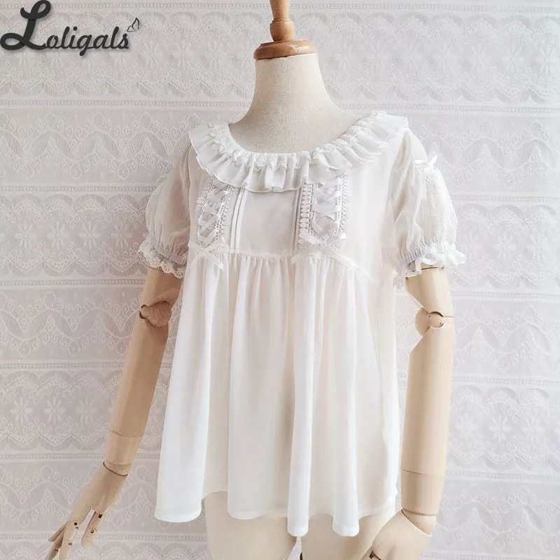 White Women's Chiffon Blouse Short Sleeve Lolita Top by Yilia