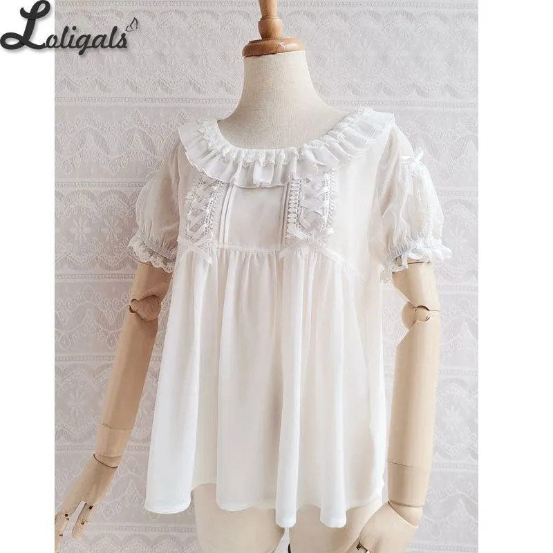 White Women's Chiffon Blouse Short Sleeve Lolita Top by Yilia