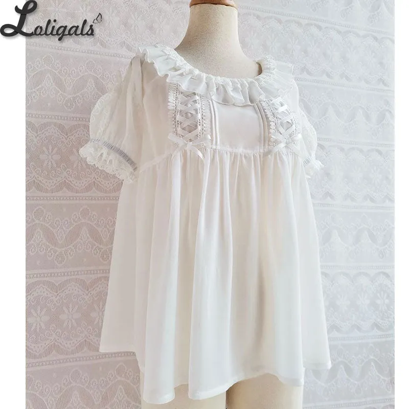 White Women's Chiffon Blouse Short Sleeve Lolita Top by Yilia