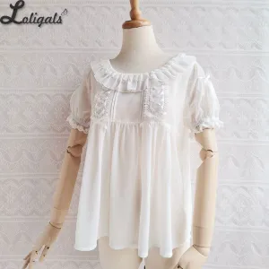 White Women's Chiffon Blouse Short Sleeve Lolita Top by Yilia