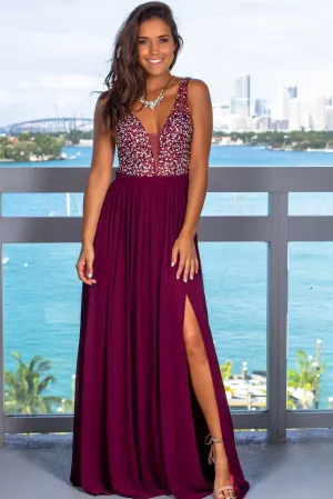 Wine Sequin Top Maxi Dress with Side Slit