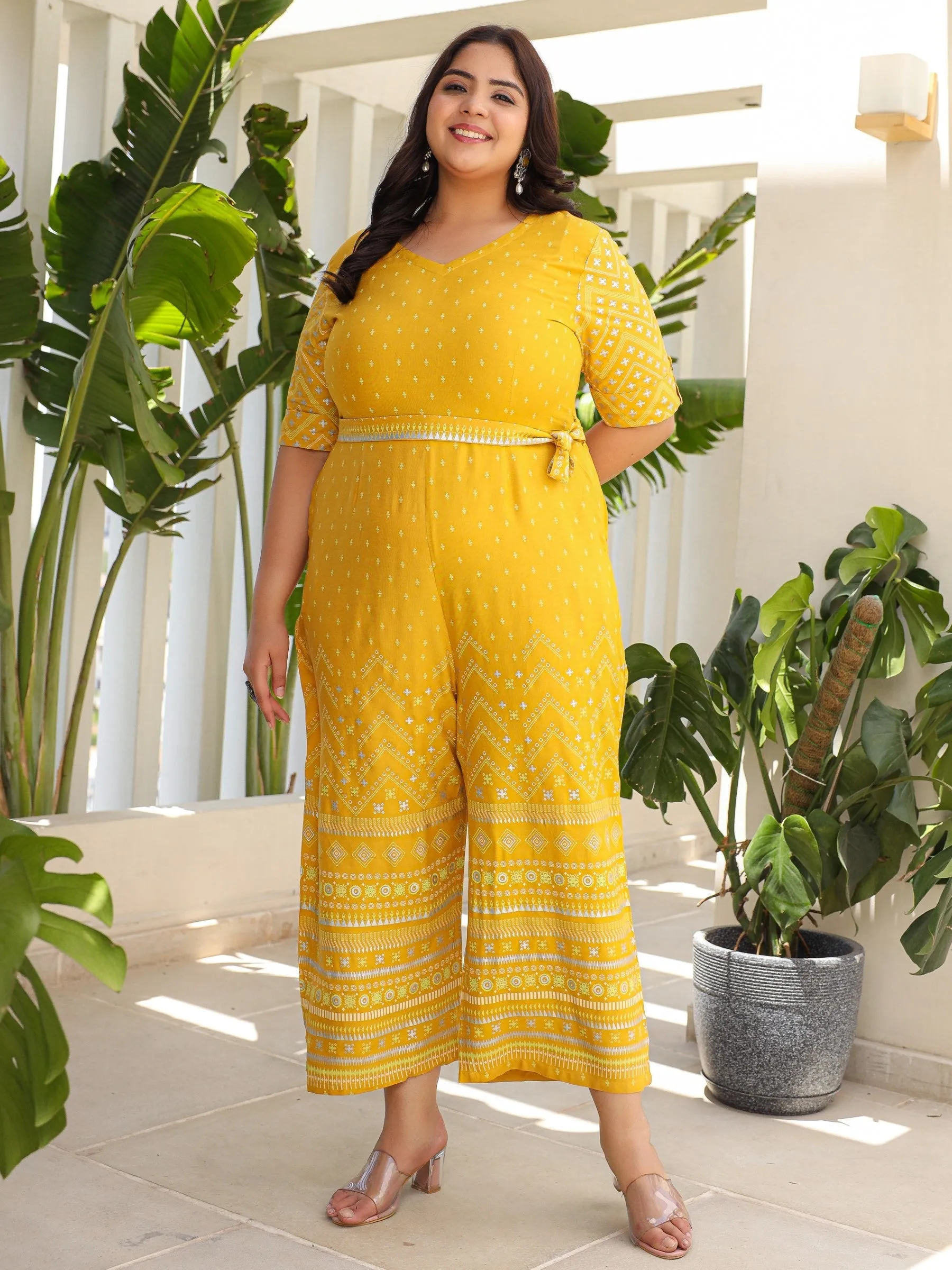 Women Mustard Liva Bandhani Jumpsuit