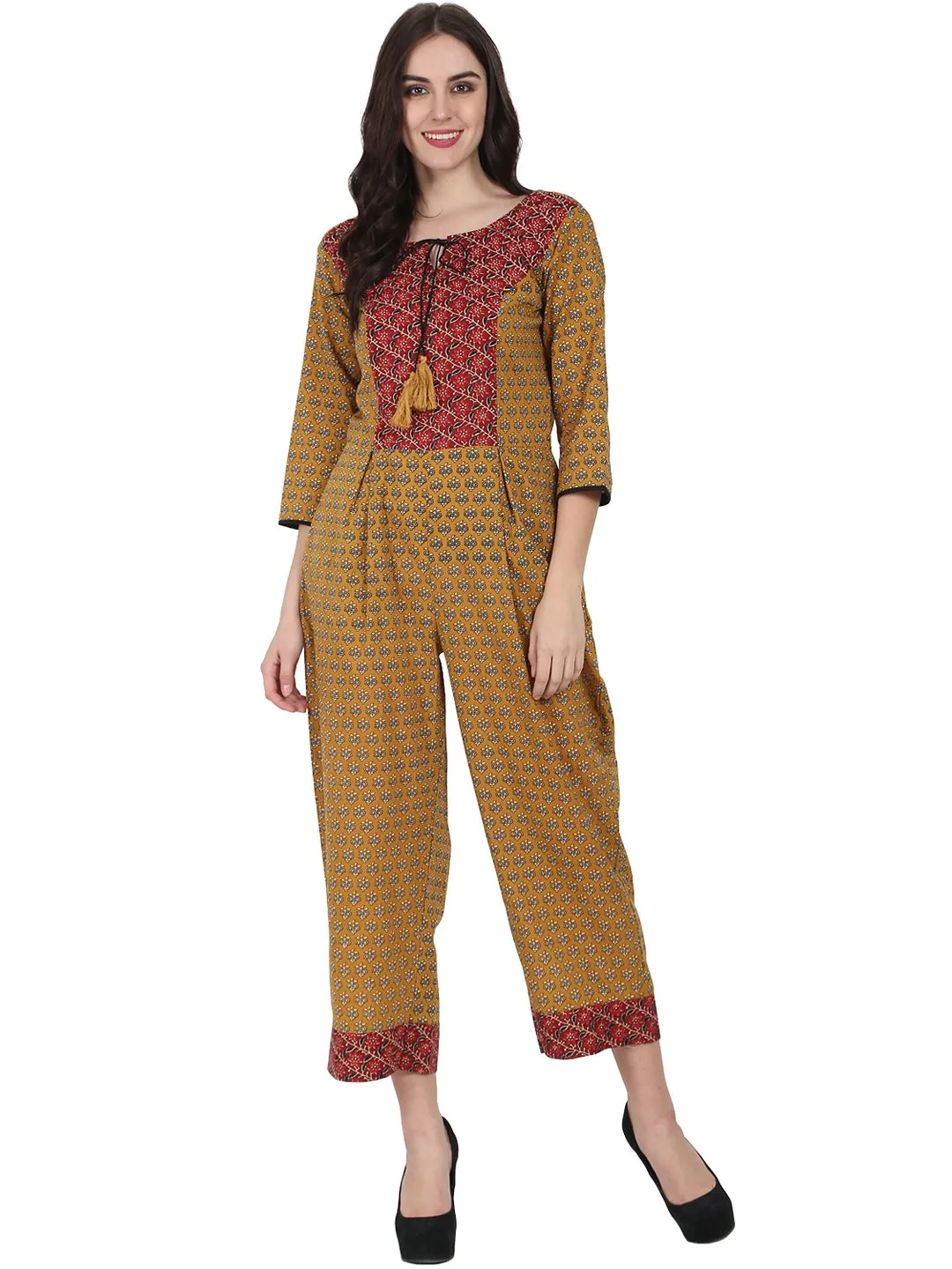 Yellow Printed 3/4Th Sleeve Cotton Jumpsuit With Double Pocket & Dori Work At Yoke